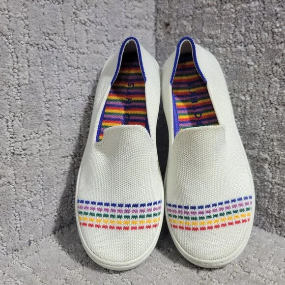 Rothy's The Kid White Rainbow Knit Slip On Sneaker Shoes Big Girl's Size US 1