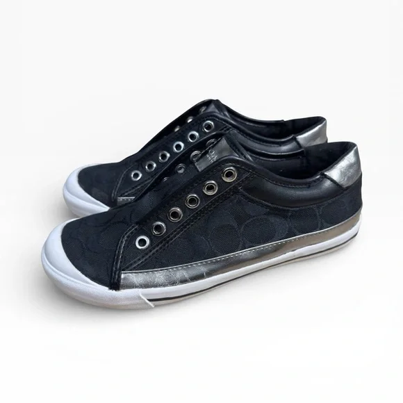 Coach Felix Signature Canvas Slip-On Sneakers Black Silver Womens Size US