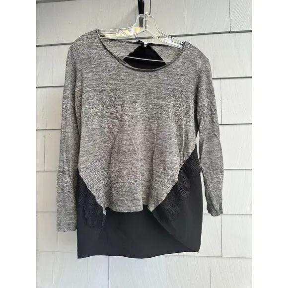 Sandro Linen Lace High Low Long Sleeve Grey & Black Lightweight Shirt Sz L‎