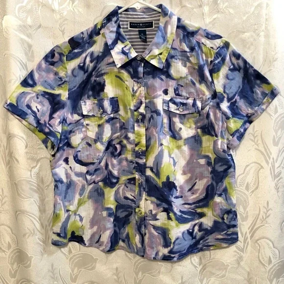 Karen Scott Petites Button Down Blue White Shirt