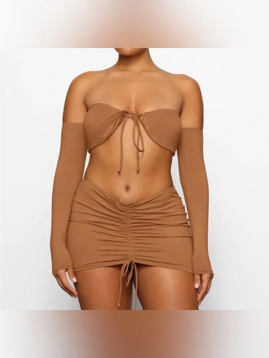 Skims Swim NWT Ruched Drawstring Mini Skirt Cover up Almond Brown Size XXS