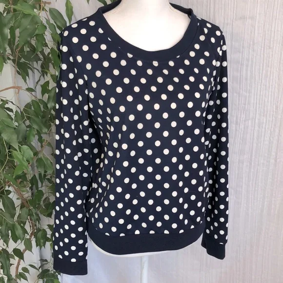 FOREVER 21 size L navy & white polka dot long sleeve crew neck top