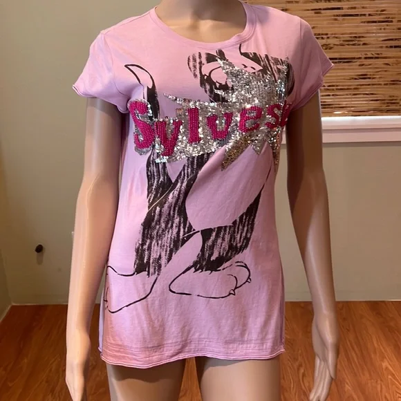 Zara Embellished Graphic T-shirt Mauve With Sequins And Beads Size L