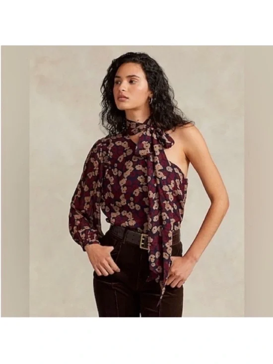 NWT POLO RALPH LAUREN Georgette Tie-Neck One-Shoulder Top