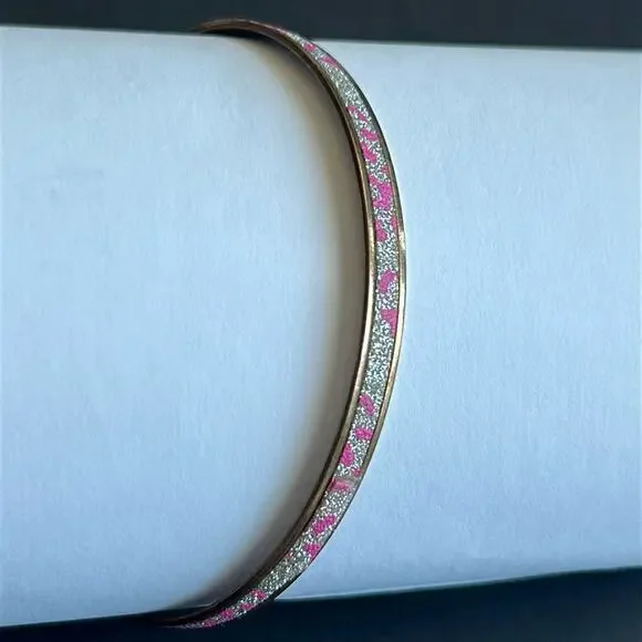 Women’s vintage dainty‎ gold tone pink/silver glittery bangle bracelet one size