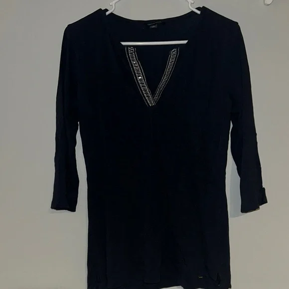 Fitted Black 3/4 Sleeve Embellished Blouse