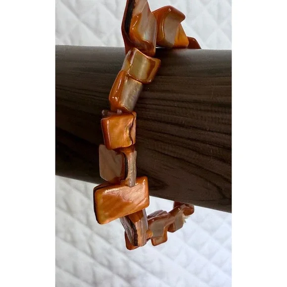 Vintage Cognac Orange Iridescent Shell Stretch Bracelet Square Bead Boho Coastal