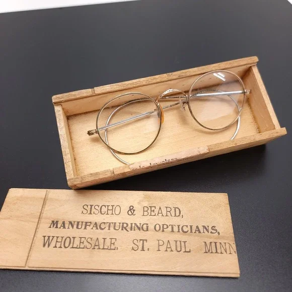 Antique Sischo & Beard Optician Eye‎ Glasses 1/10 12k Gold Wooden Box