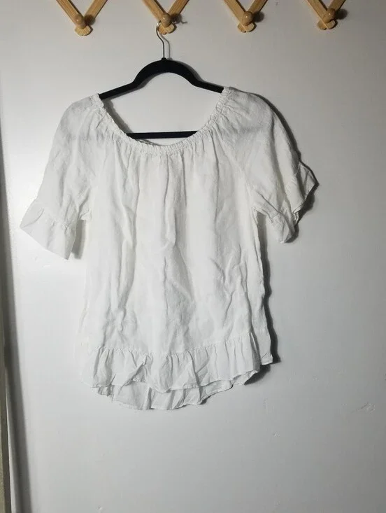TERZO MILLENNIO LINEN WHITE RUFFLED OFF-SHOULDER WOMEN'S BLOUSE SIZE LARGE