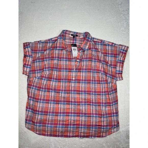 Chaps Plaid Button Up Shirt Women Plus Size 2X Orange Pink Blue‎ Casual