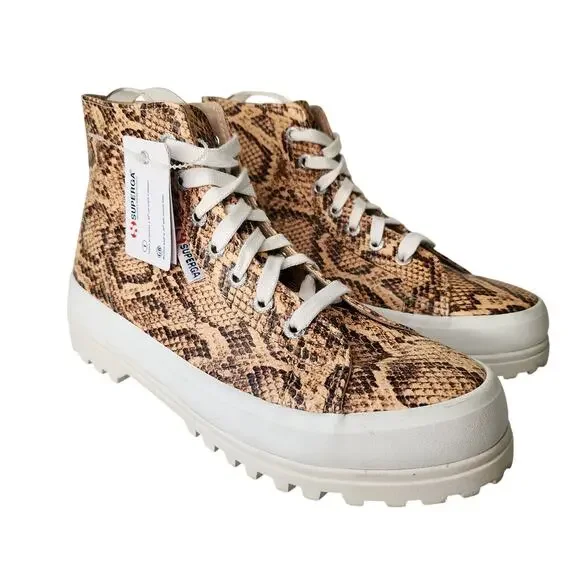 Superga Hi-Top Platform Sneakers Women's‎ 38/7.5 Brown Reptile Leather NWOB