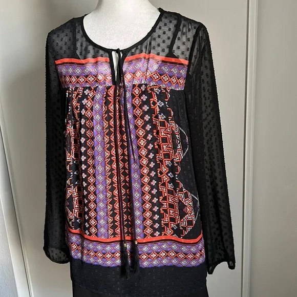 New Anthropologie Daniel Rainn Tassel Tie Boho Semi-Sheer Dot Textured Blouse