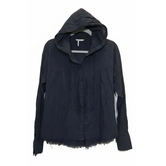 Free People womens medium hooded frayed shirt blouse lightweight blue