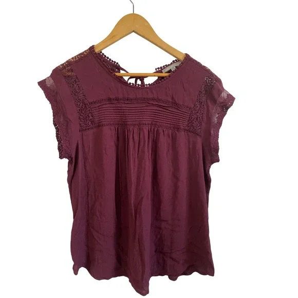 Daniel Rainn Womens XL Plum Lace‎ Trim Pin-tuck Cap Sleeve Rayon Blouse