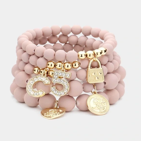5 piece stretch beaded lock and key charm bracelet