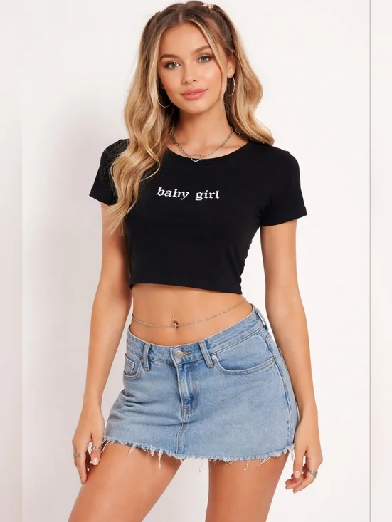 Y2k Charlotte Russe Black Baby Girl Graphic Crop T Shirt