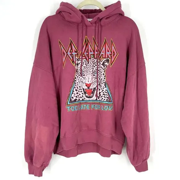 Daydreamer Def Leppard Too Late For Love Oversized Hoodie Sweatershirt Pink XS