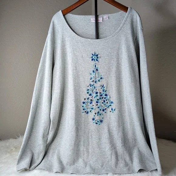 Quacker Factory Top Women 1X Grey Rhinestone Christmas Tree Long Sleeve Festive