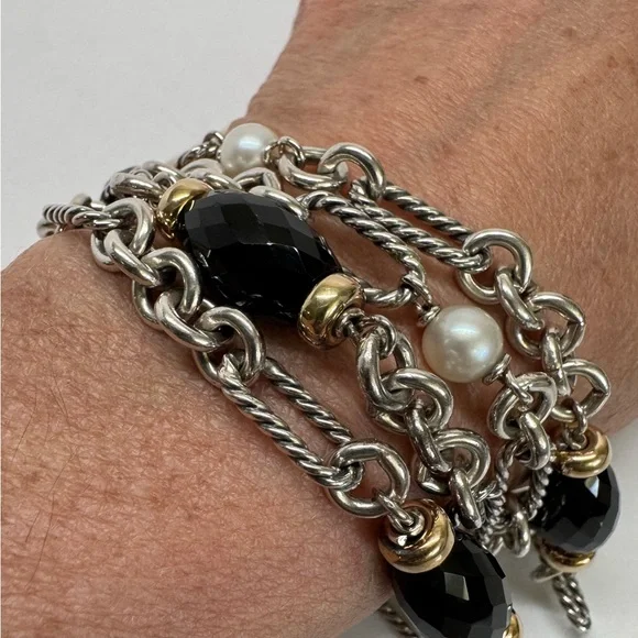 David Yurman Four Strand Figaro Black Onyx & Pearl Beaded .925 18K Gold Bracelet