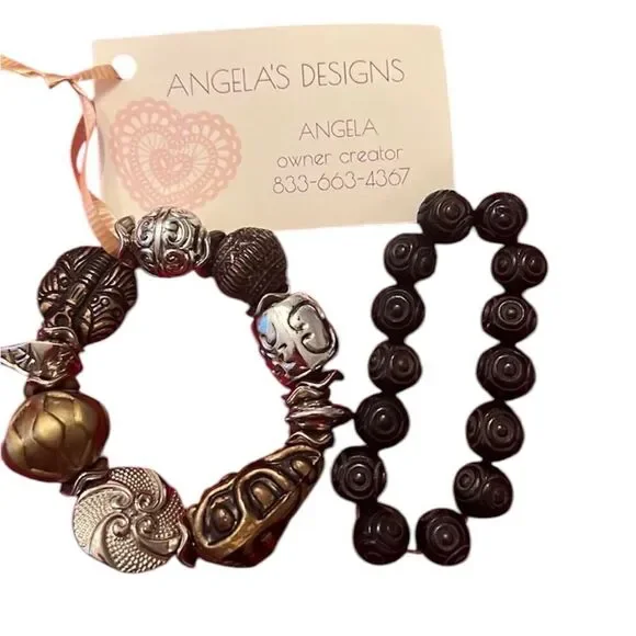 NWT Angelas Designs 2 stretchy bracelets 1 brown beads 1 silver gold bronze