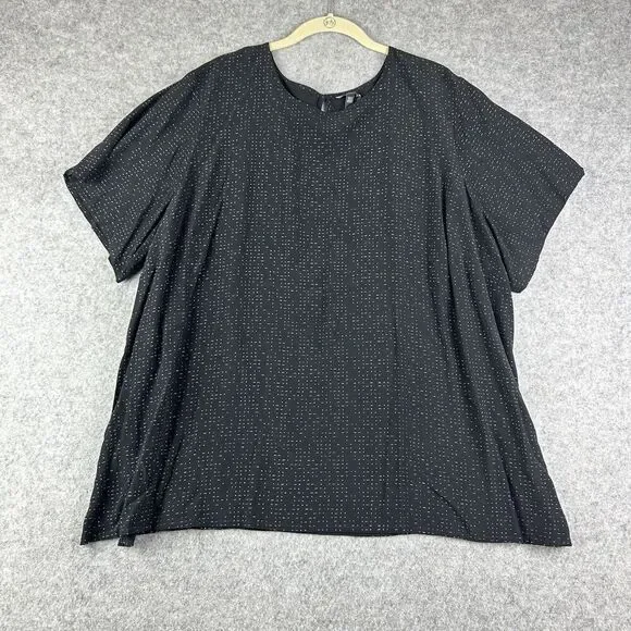 Eileen Fisher Top Womens 22W Black Morse Code Geometric Tencel Blend Blouse Slit