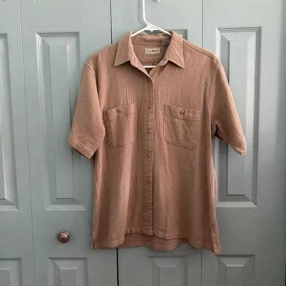 L.L. Bean Womens Twill Button Up Collared Shirt‎ Large Short Sleeve Tan