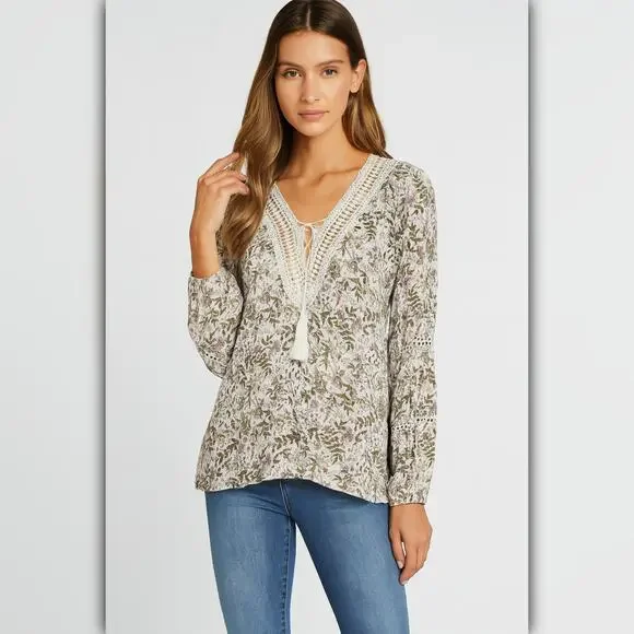 A485 • Boho Floral Lace Trim Long Sleeve Top
