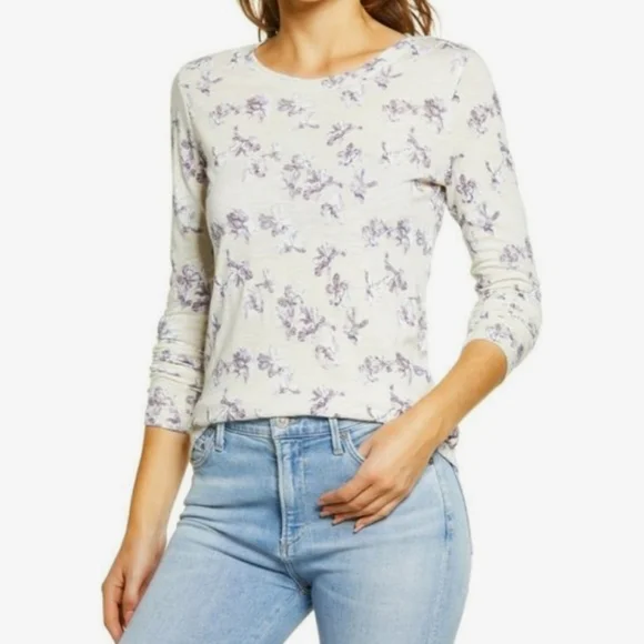 NWT Caslon Crew Neck Ivory Purple Lena Floral Long Sleeve Cotton Tee Sz M