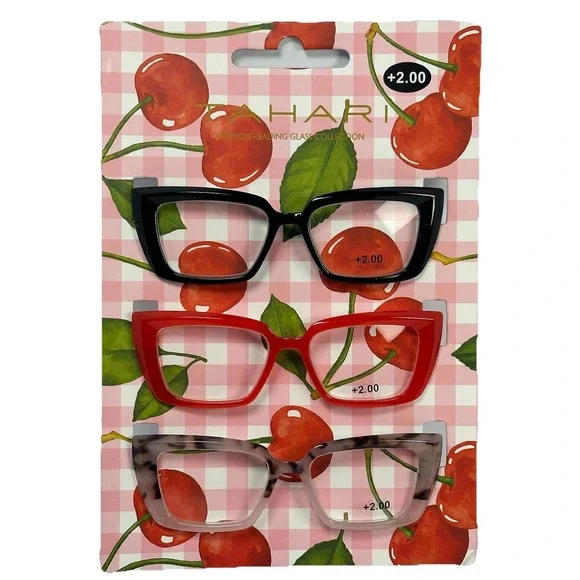 Tahari Coquette Cat Eye Reading Glasses 3 Pack +2.00 Cherry Gingham Fashion