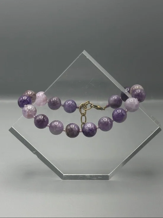 Purple Amethyst Beaded Bracelet with Gold Tone Clasp