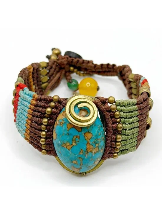 Vintage Macrame Braided Bracelet Hand Made Brass Beads Turquoise Stone FLAW