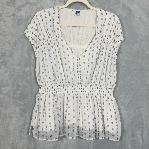 Old Navy Womens Top L White Geometric AOP Chiffon V-Neck Smocked Coquette Lined
