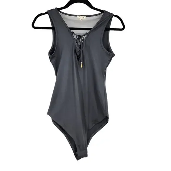 POL Gray Front Tie Sleeveless Snap Front Bodysuit - Small