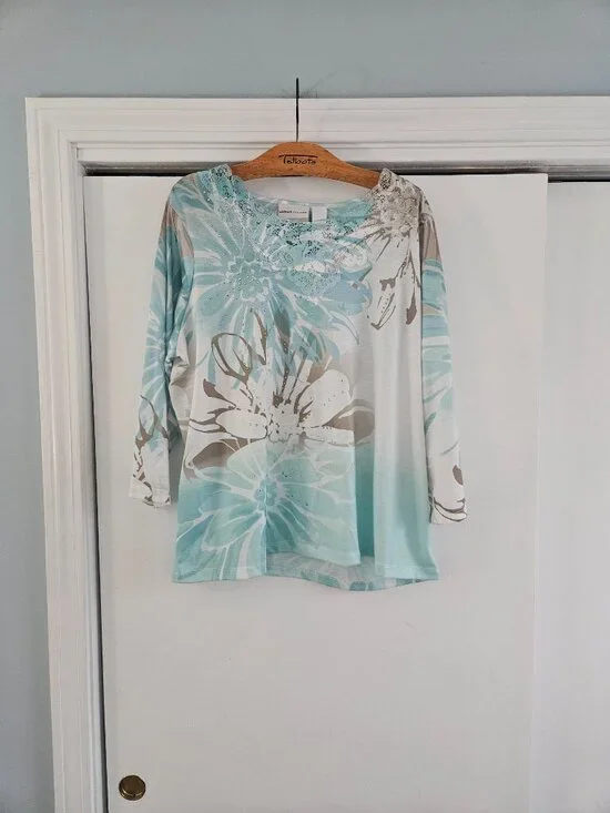 Alfred Dunner Floral Print Lace Yoke 3/4 Sleeve 1X Blouse