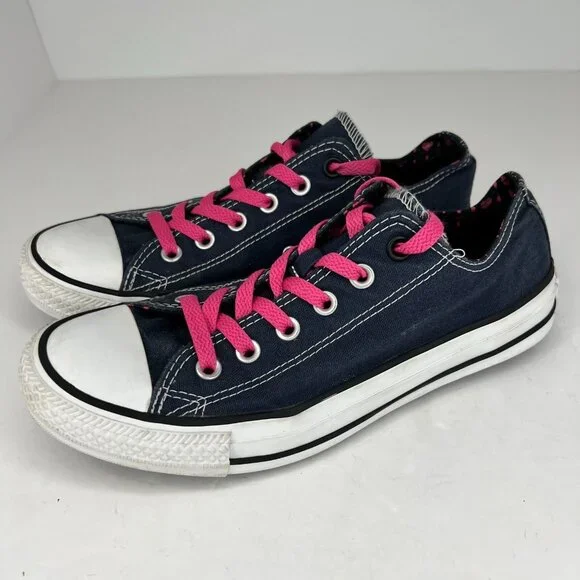 Converse Unisex 136568F Navy Blue Pink Hearts Double Tongue Size 7M 9W Sneakers