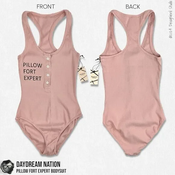 DOLLS KILL X DAYDREAM NATION PILLOW FORT BODYSUIT IN ROSE PINK RIBBED SIZE XS