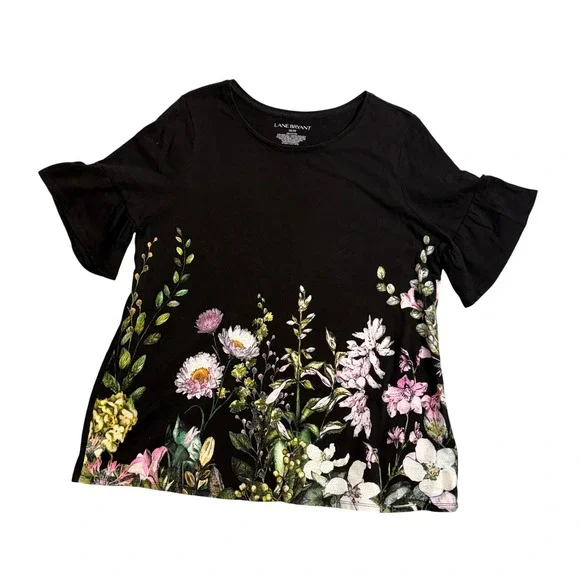 Lane‎ Bryant Black Floral Print Flutter Sleeve T Shirt Plus Size 18/20