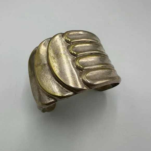 Cuff Bracelet Silver Plated Wide Sculpted Wave Design Bold Statement Jewelry