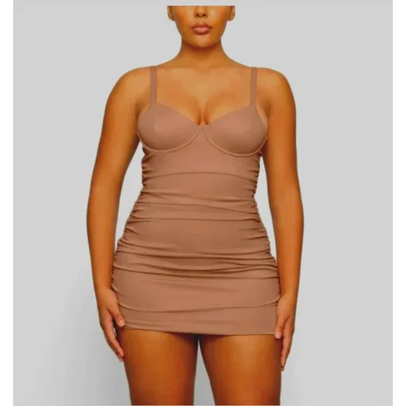NWT Skims Sienna Tan Sculpting Ruched One Piece Bathing suit Swim Dress Small