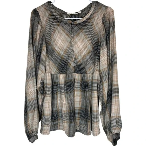 Me by Jennie Garth Drapey Flannel Blouse Womens Medium Brown Black Plaid A664756
