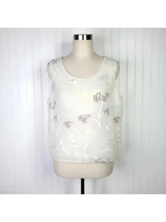 Vintage Ivory Chiffon Shell Top Large Beaded Velvet Floral Romantic Cottage Y2K