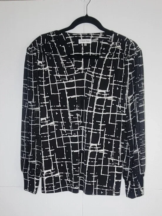 Calvin Klein Black & White Abstract Print Long Sleeve Top Size S