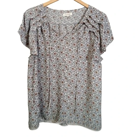MAX‎ STUDIO Women's Floral Print V Neck Ruffle Short Sleeve Top Size L