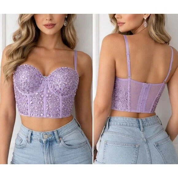 Women Lilac RHINESTONES Bustier SizeLARGE Festival Party Corset