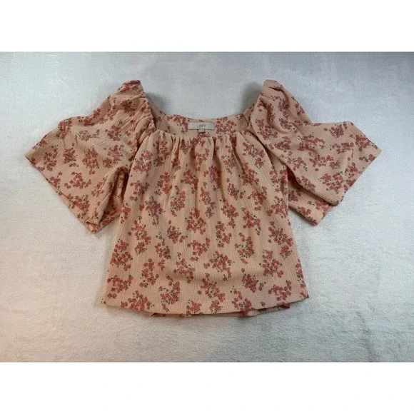 LOFT Women's Large Pink‎ Floral Square Neck Puff Sleeve Blouse Cottage Coquette