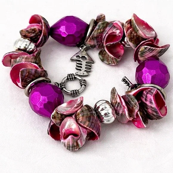 Silver Tone Charm Bracelet Fish Bone Key Circle Bead Dangle Jewelry Purple