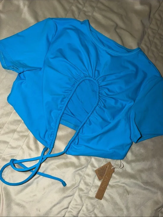 NWT Skims Vibrant Turquoise Drawstring Cutout Swim Top Size M