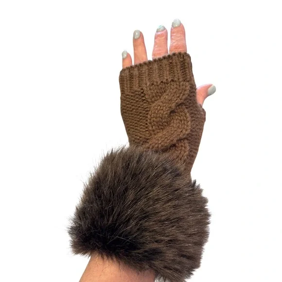 Glove Faux Fur Fingerless Gloves Knit Brown Faux Fur Trim Cozy Winter Women NWOT