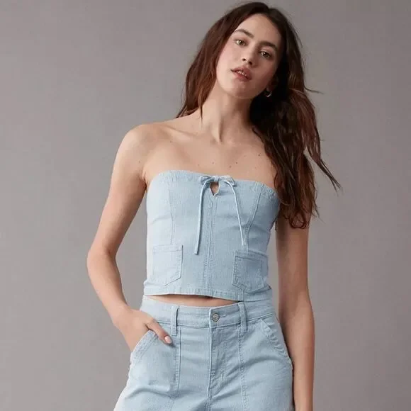 AE Light Blue Pin Stripe Vintage Wash Railroad Denim Cropped Spaghetti Top