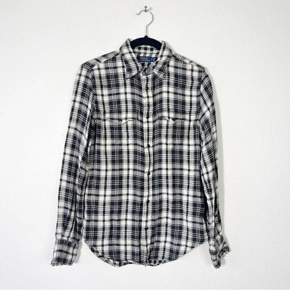 Polo Ralph Lauren Flannel Shirt Size 4 Black Plaid Western Country Pearl Snap
